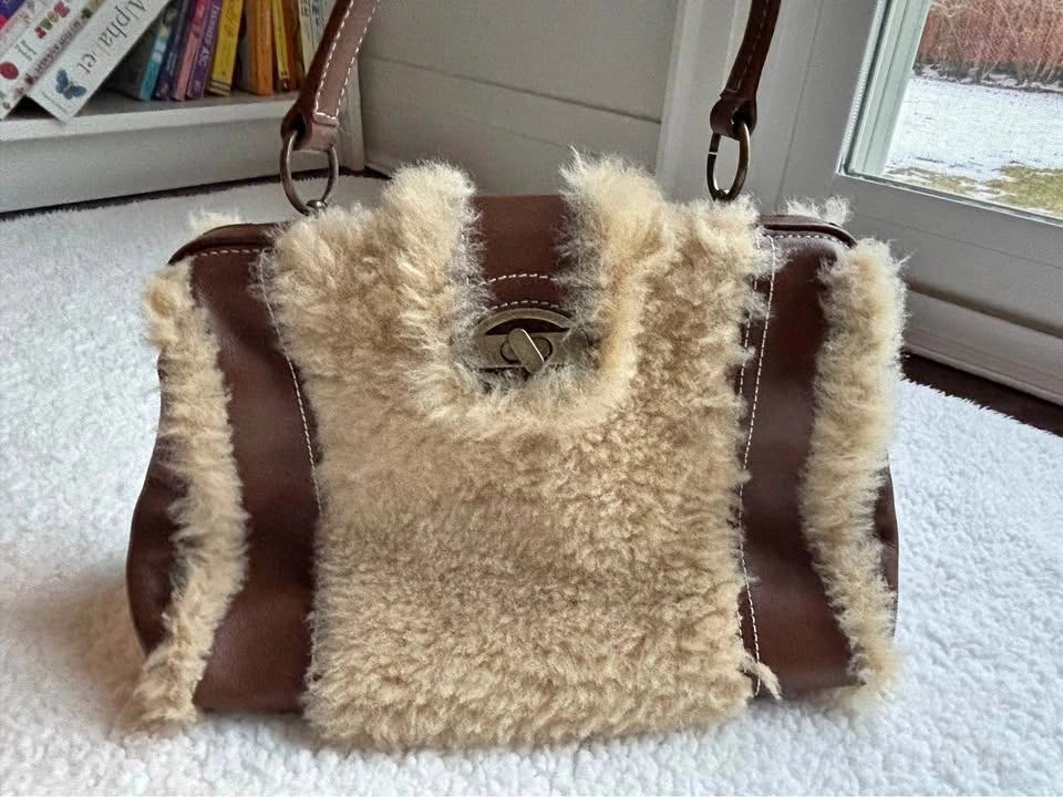 Simplera Cream Shearling and Brown Genuine Leather Shoulder Bag