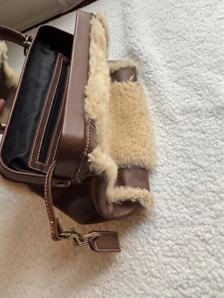 Simplera Cream Shearling and Brown Genuine Leather Shoulder Bag - photo 2