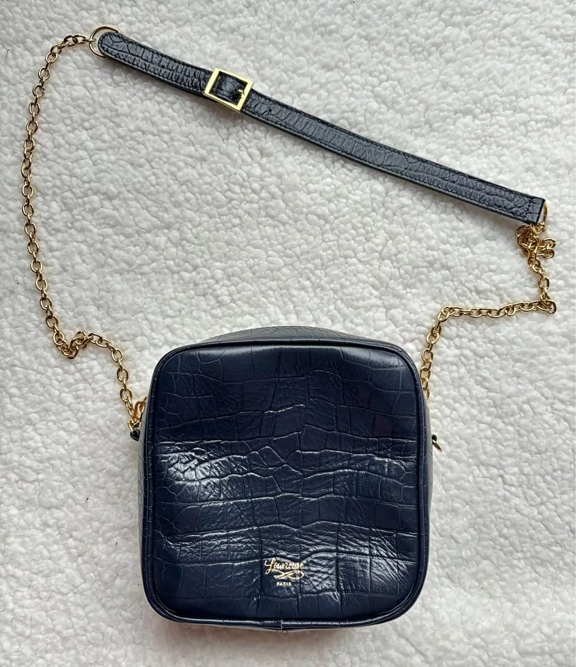 French Designer Louvreuse Navy Leather Croc-Embossed Crossbody B