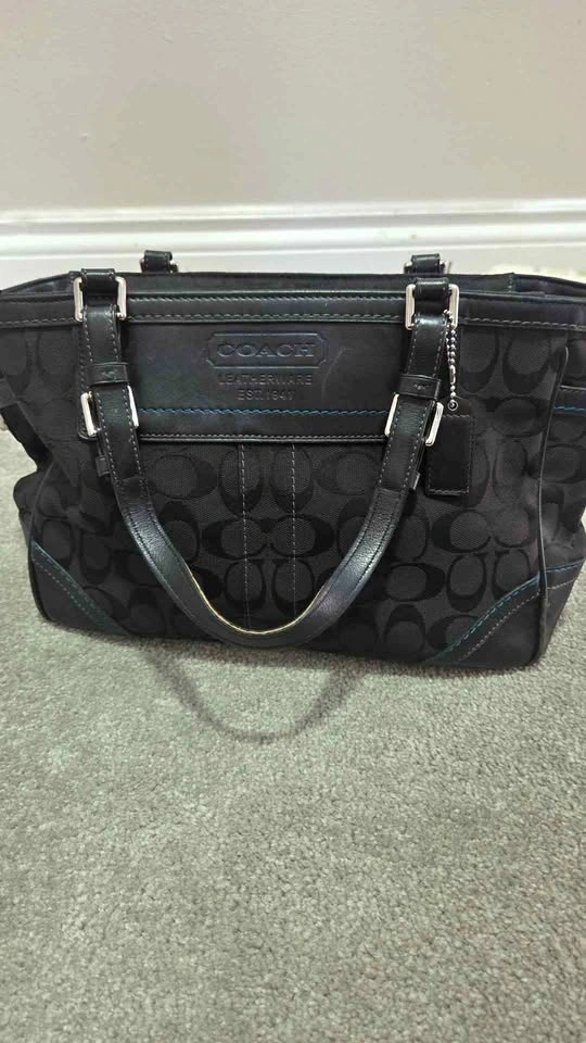 Coach Black Signature Gallery Tote with Turquoise Lining
