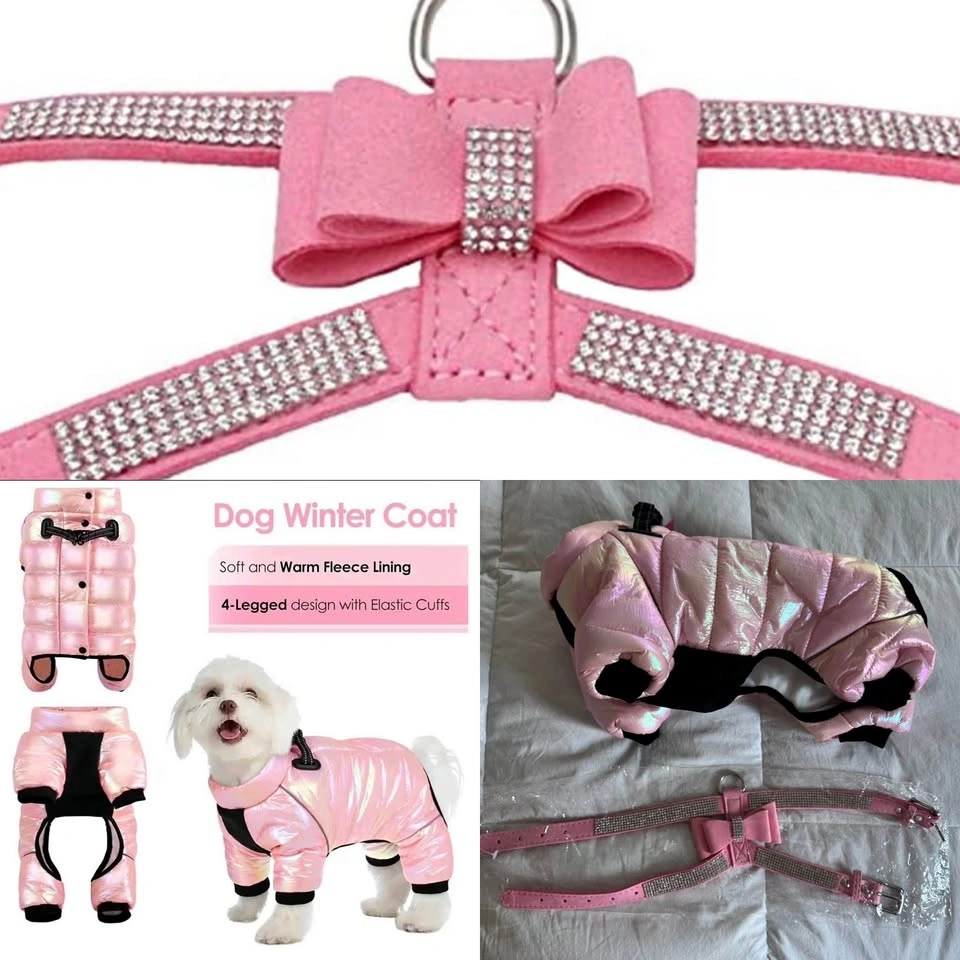 New Pink Rhinestone Harness and Pink Winter Dog Snowsuit