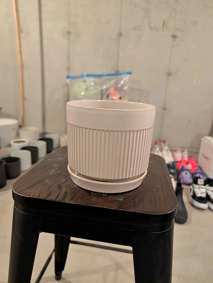 Ribbed Ceramic Planter with Saucer (2 AVAILABLE)