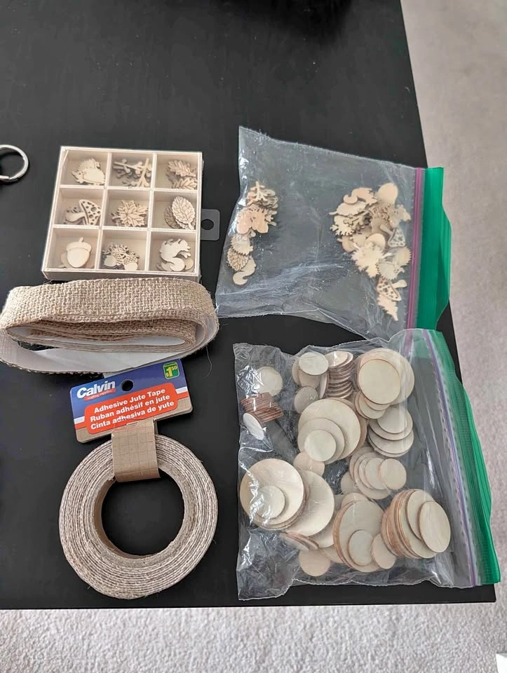 Assorted Wooden Craft Shapes and Adhesive Jute Tape