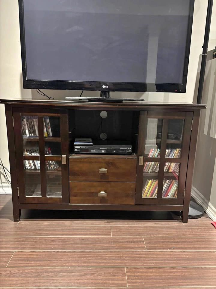 Dark Wood TV Stand with Glass Doors