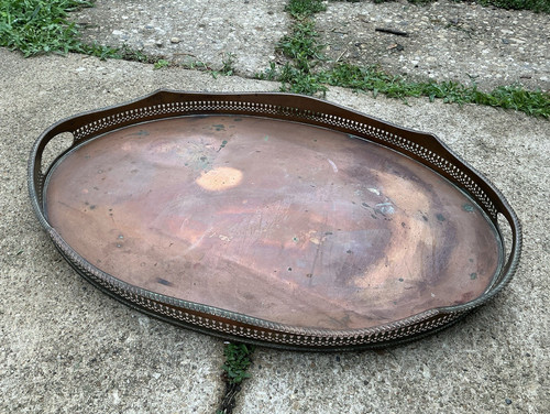 Ornate Vintage Oval Copper Metal Gallery Serving Tray w/ Handles