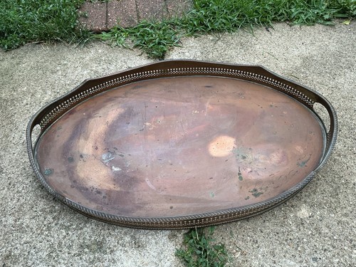 Ornate Vintage Oval Copper Metal Gallery Serving Tray w/ Handles - photo 2