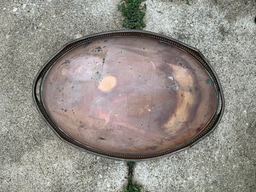 Ornate Vintage Oval Copper Metal Gallery Serving Tray w/ Handles - photo 3
