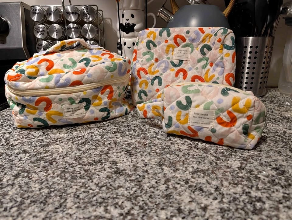 NEW 3-Piece Quilted Makeup Bag Set