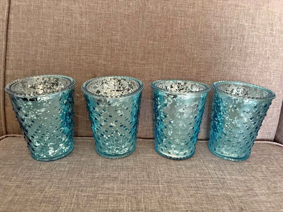 Set of 4 Blue Mercury Glass Votive Holders