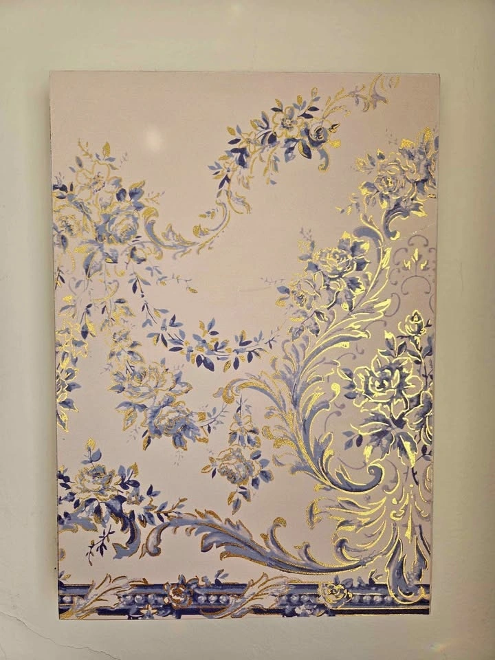 Beautiful Shabby Chic Floral Print on Wood with Gold accents 16x