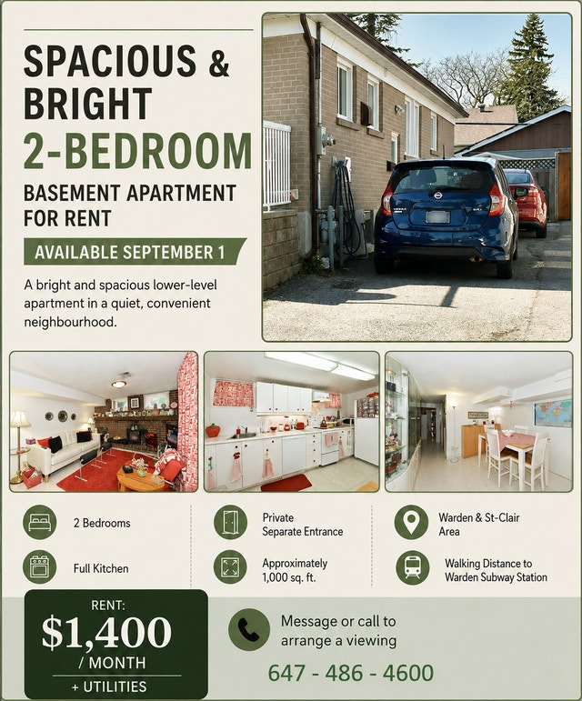 Spacious 2-Bedroom Basement Apartment for Rent