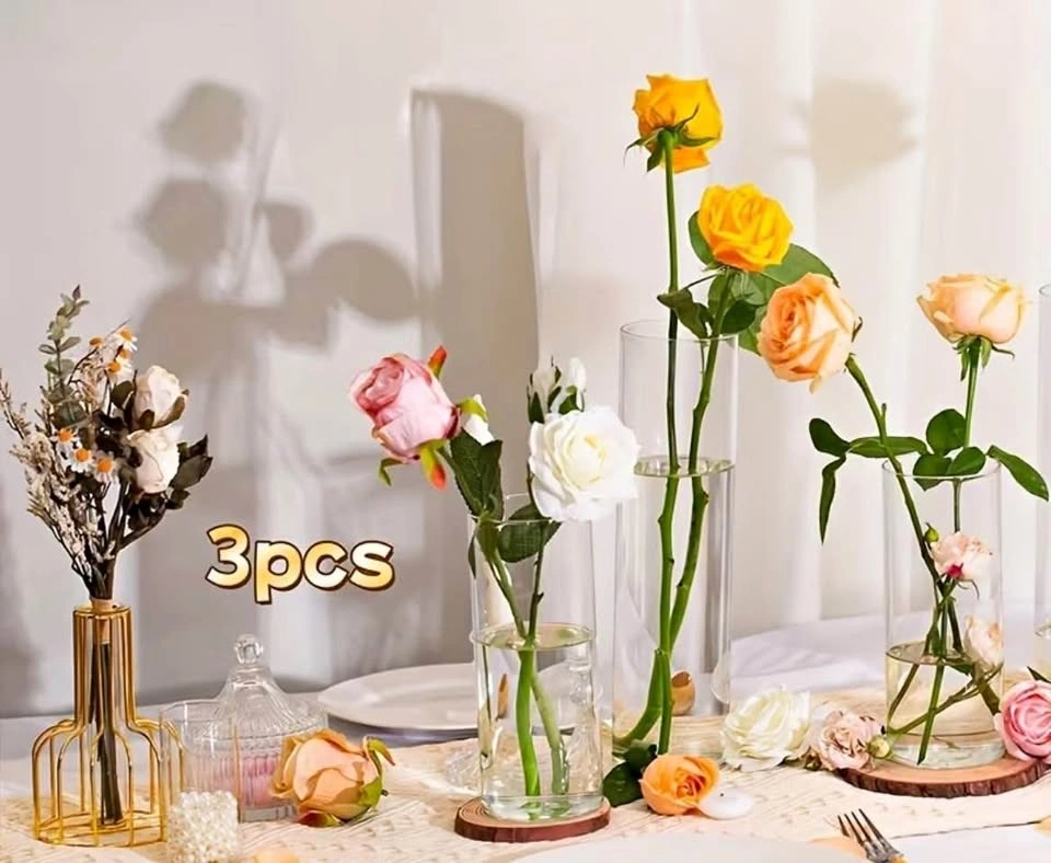 Three piece glass cylinder/ hurricane vase set
