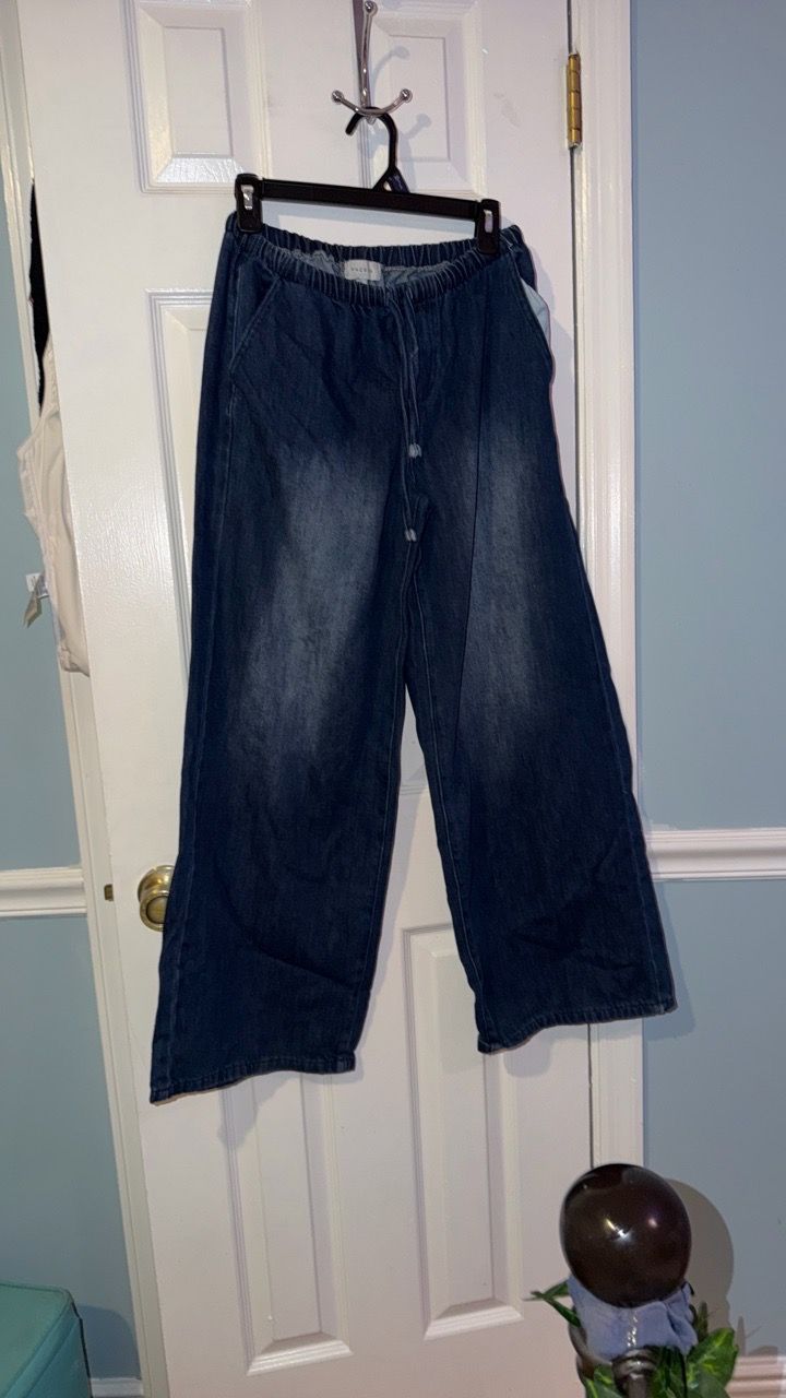 Dark Wash Wide-Leg Drawstring Denim Pants - photo 2