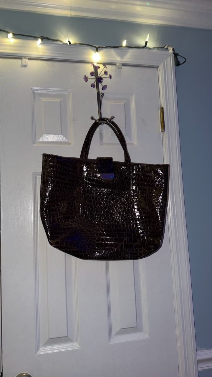 Dark Brown Croc-Embossed Patent Tote Bag