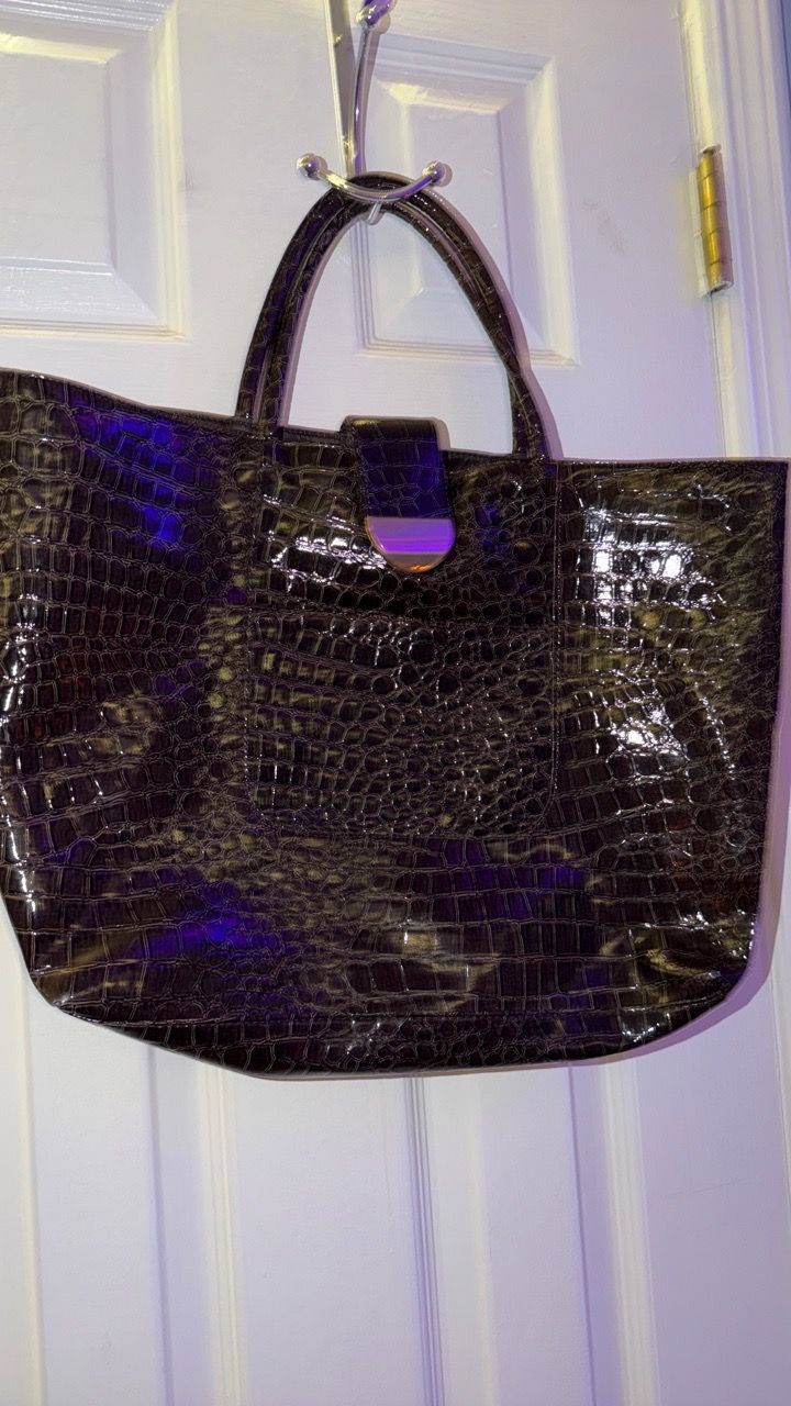 Dark Brown Croc-Embossed Patent Tote Bag - photo 2