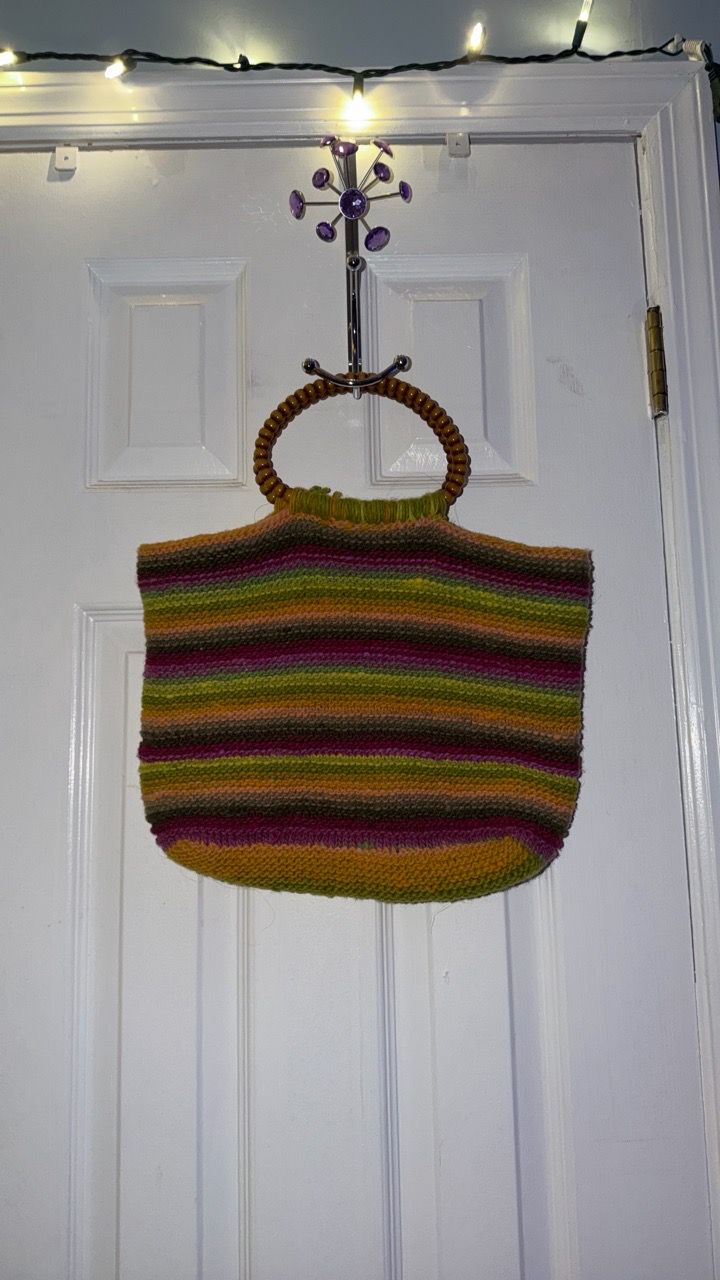 Striped Knit Tote Bag with Beaded Handles