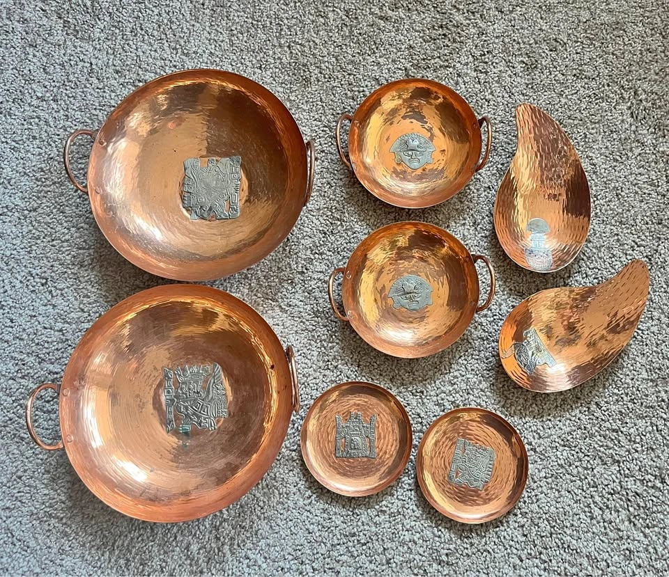 8-Piece Vintage Peruvian Hand-Hammered Copper Bowl and Plate Set