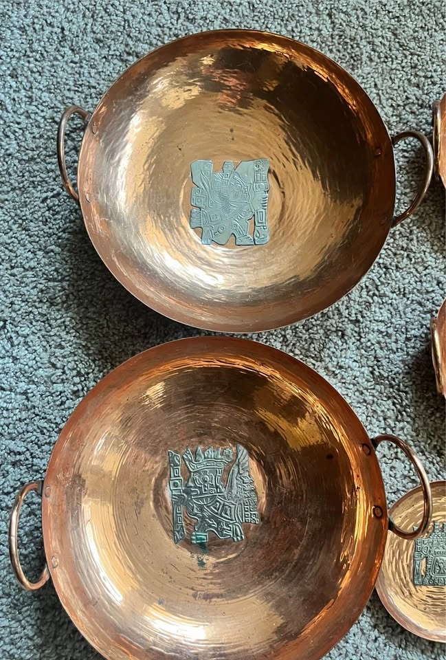 8-Piece Vintage Peruvian Hand-Hammered Copper Bowl and Plate Set - photo 2