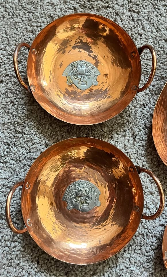 8-Piece Vintage Peruvian Hand-Hammered Copper Bowl and Plate Set - photo 3