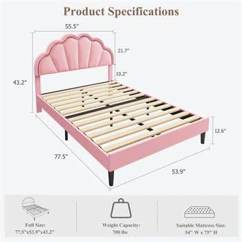 Everly Quinn Full Bed with Seashell Headboard Pink Velvet - photo 2