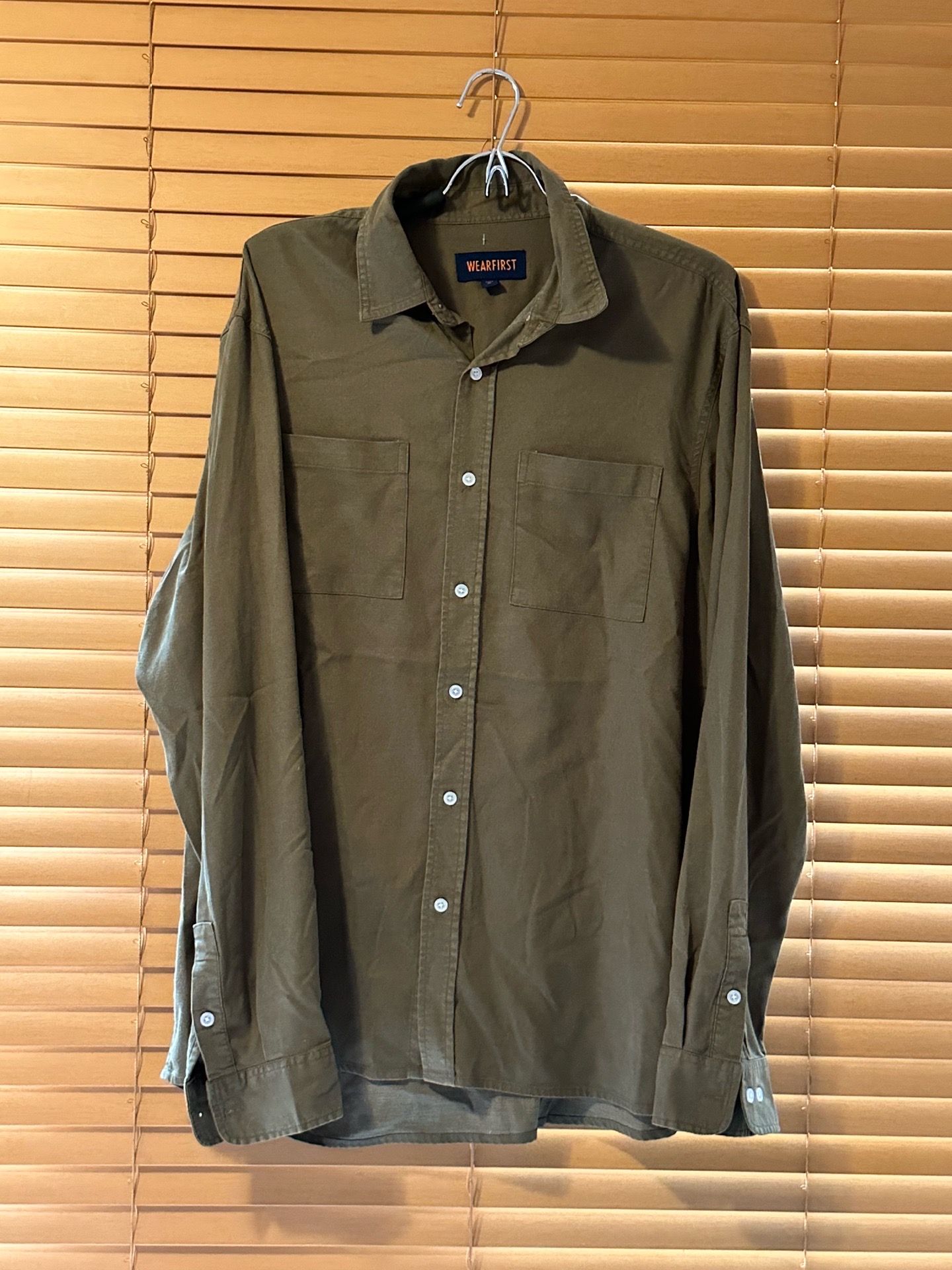 Wear first Long Sleeve Collared Button Down Blouse Olive