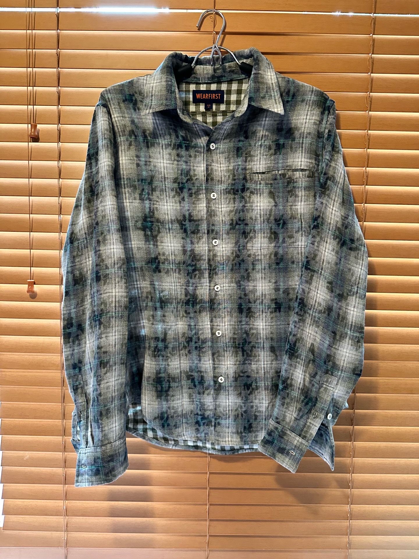 Wear first All over embroidery plaid shirt green gray