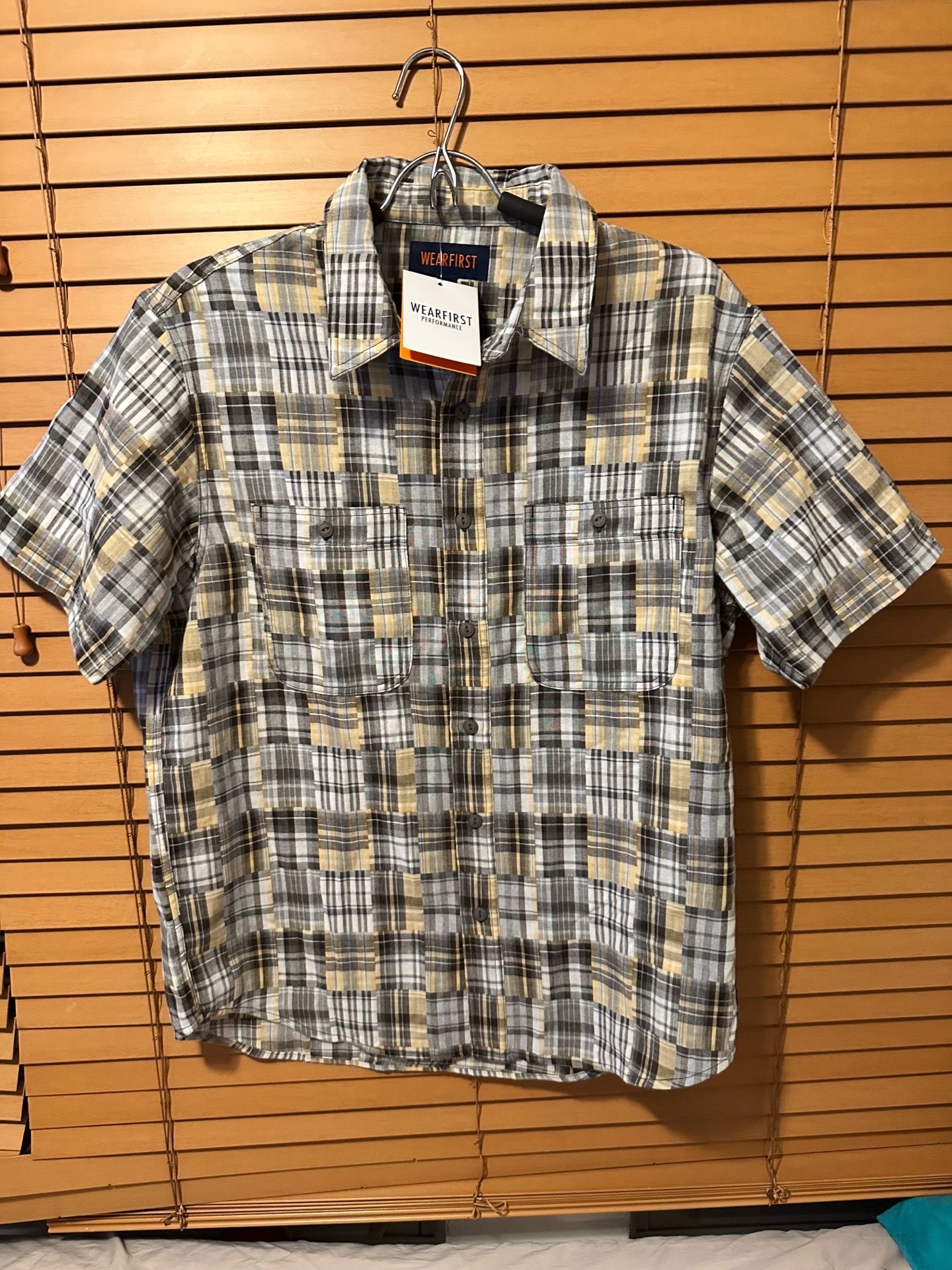 Wear first Mens Madras Patch Plaid Short Sleeve Shirt