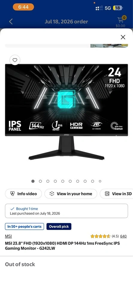 MSI 23.8" FHD 144Hz 1ms FreeSync IPS Gaming Monitor
