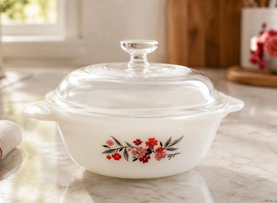 Vintage Fire-King Primrose Milk Glass Casserole Dish with Lid
