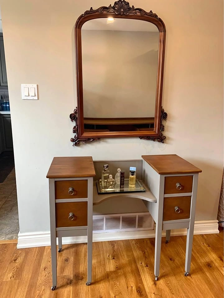 Refinished Vintage Walnut Wood Vanity - 1930-1940’s