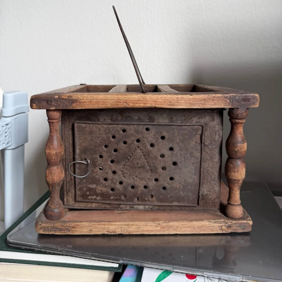 Antique 19th Century Pierced Tin & Wood Foot Warmer