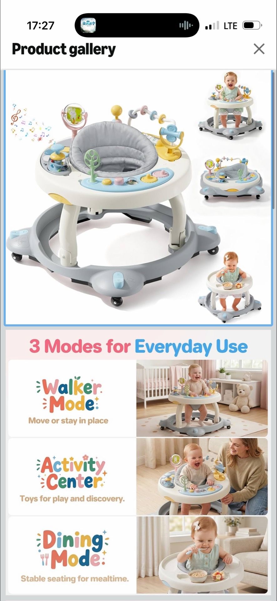 3-in-1 Foldable Baby Walker with Rotating Seat