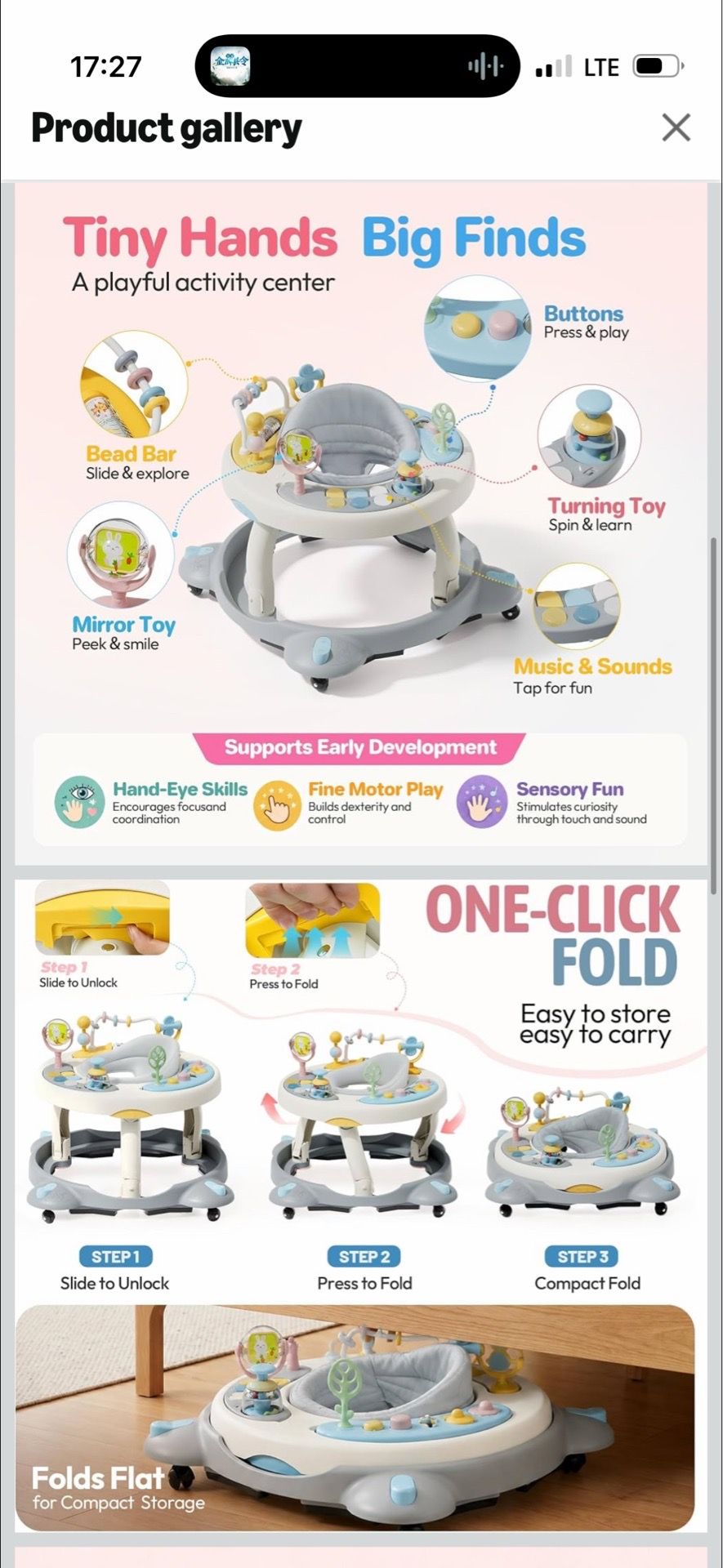 3-in-1 Foldable Baby Walker with Rotating Seat - photo 2
