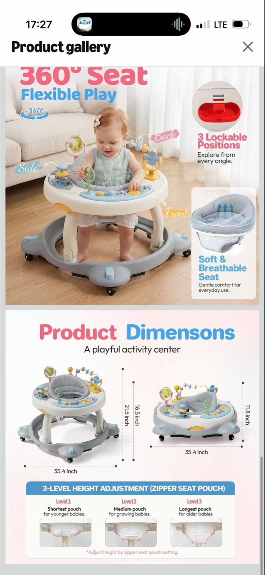 3-in-1 Foldable Baby Walker with Rotating Seat - photo 3