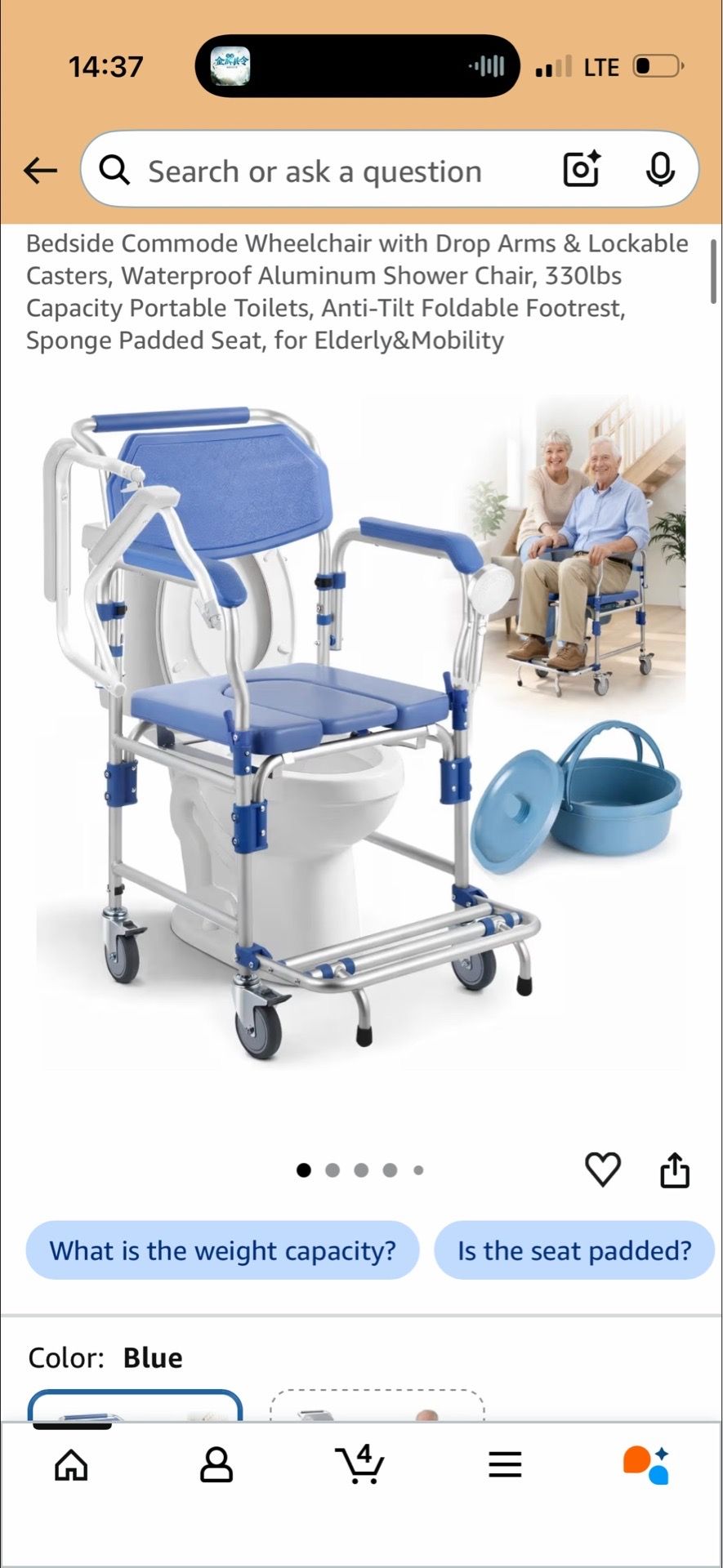 Bedside Commode Wheelchair with Drop Arms & Lockable Casters