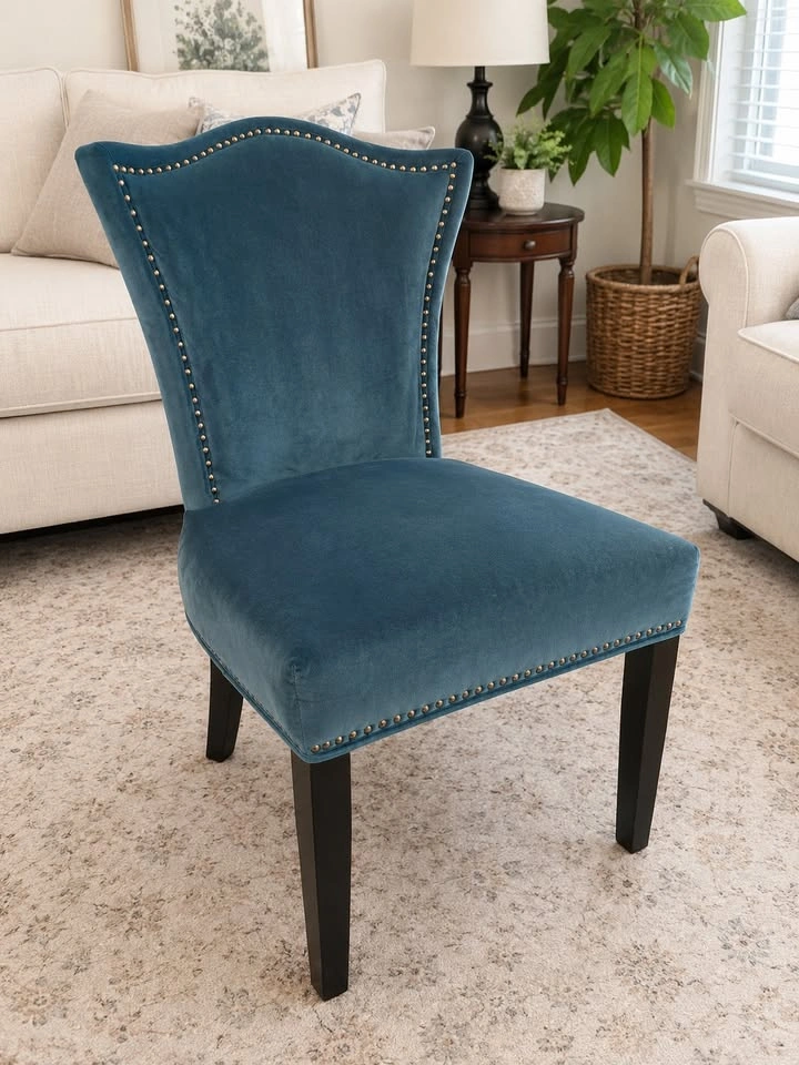 Blue Velvet Wingback Chair with silver nailhead trim