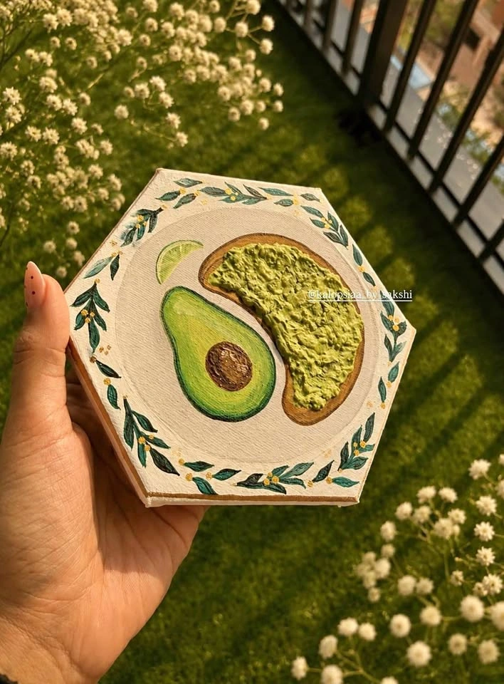 Hand-Painted Hexagonal Avocado Toast Canvas Art