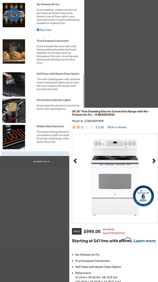Free-Standing Electric Convection Range Oven Stove