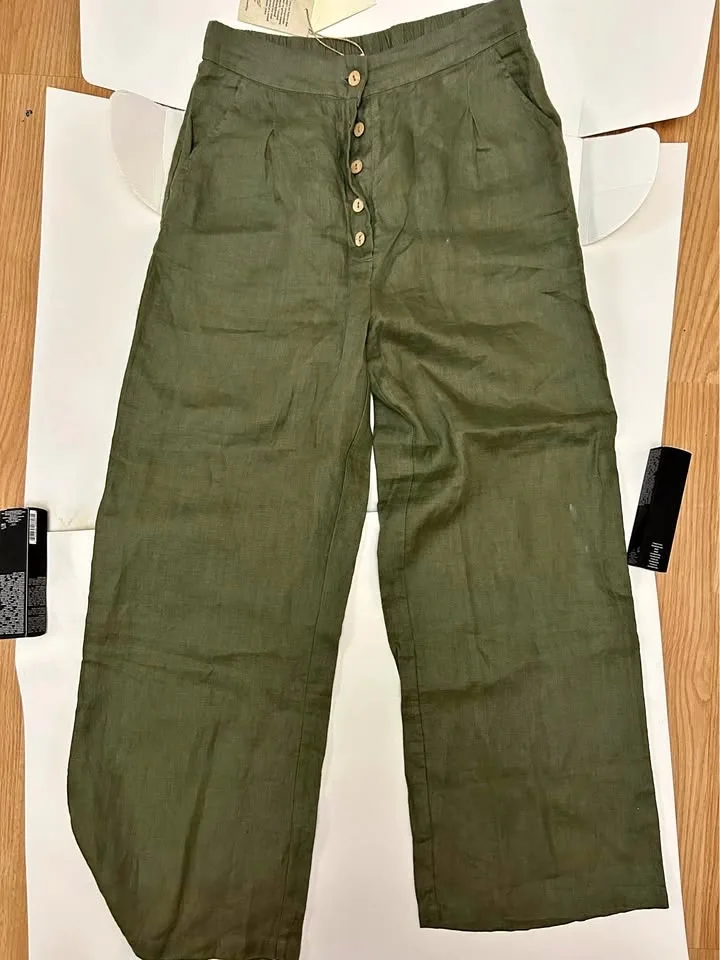 Grae Cove Olive Green Linen Wide-Leg Pants
