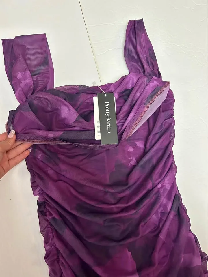 PrettyGarden Purple Floral Mesh Ruched Midi Dress Size L