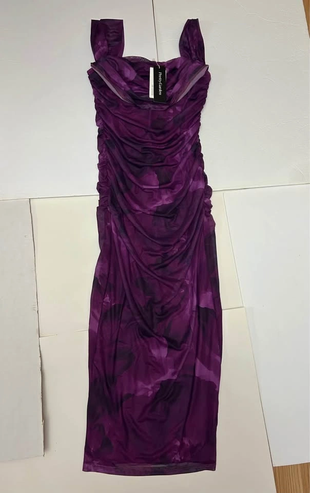 PrettyGarden Purple Floral Mesh Ruched Midi Dress Size L - photo 2