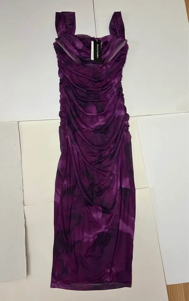 PrettyGarden Purple Floral Mesh Ruched Midi Dress Size L - photo 2