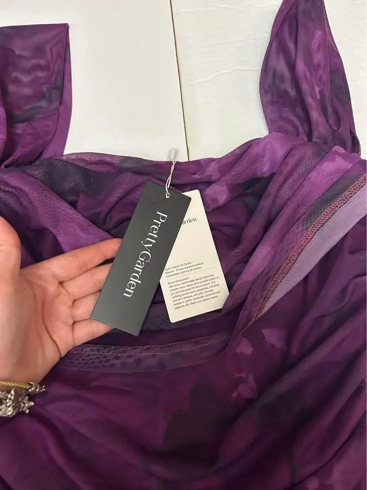 PrettyGarden Purple Floral Mesh Ruched Midi Dress Size L - photo 3