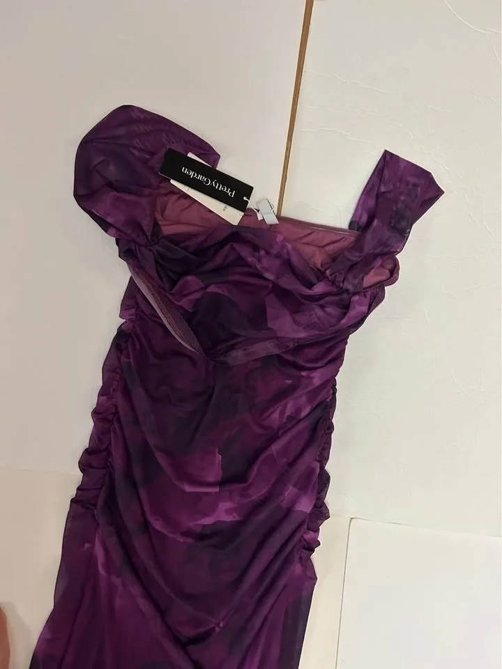 PrettyGarden Purple Floral Mesh Ruched Midi Dress Size L - photo 5