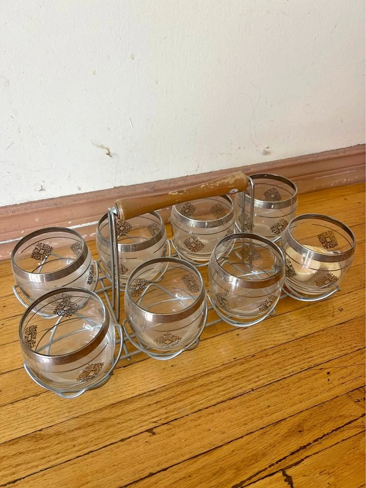 Vintage MCM Silver Rimmed Glassware Set with Caddy