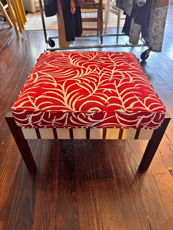 Modern Woven Leather Ottoman Bench with Red Cushion