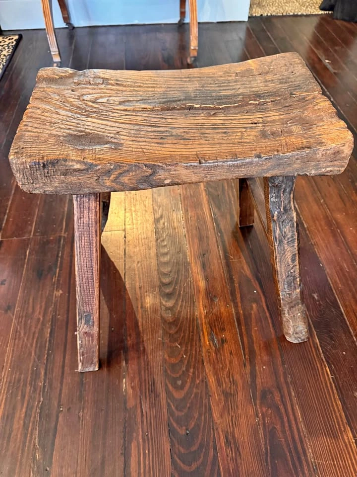 Antique Primitive Farmhouse Wood Stool | Hand-Hewn Rustic Bench