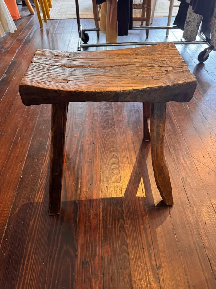 Antique Primitive Farmhouse Wood Stool | Hand-Hewn Rustic Bench - photo 2