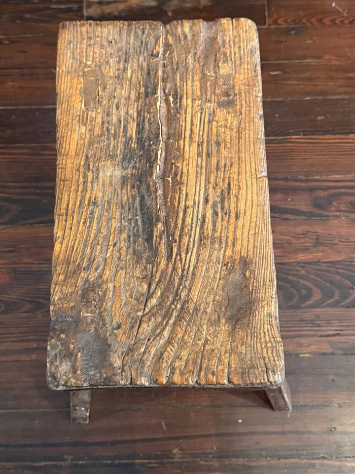 Antique Primitive Farmhouse Wood Stool | Hand-Hewn Rustic Bench - photo 3