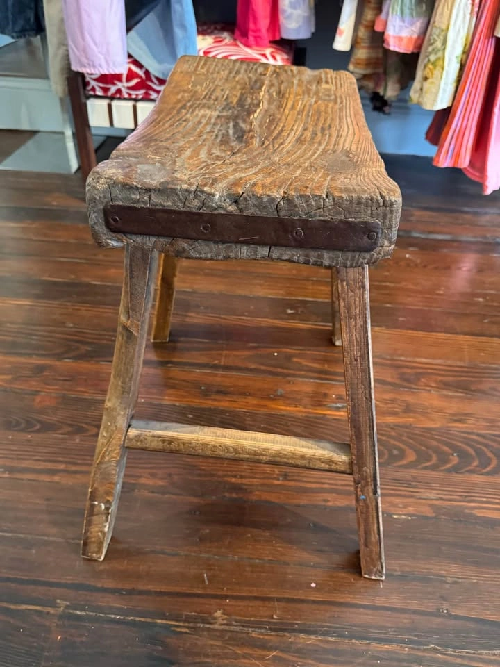 Antique Primitive Farmhouse Wood Stool | Hand-Hewn Rustic Bench - photo 4